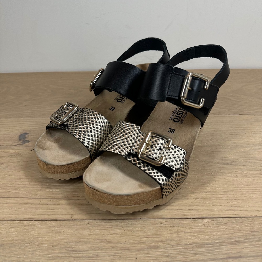 Mephisto Black and Metallic Snake-Print Leather Sandals